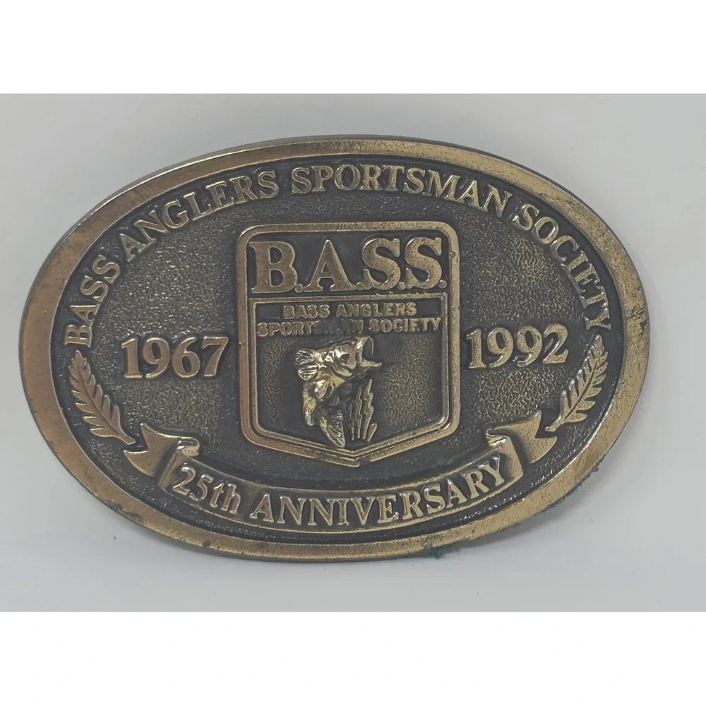 B.A.S.S. Belt Buckle Brass 25th Anniversary Fishing 1967-1992 Vintage